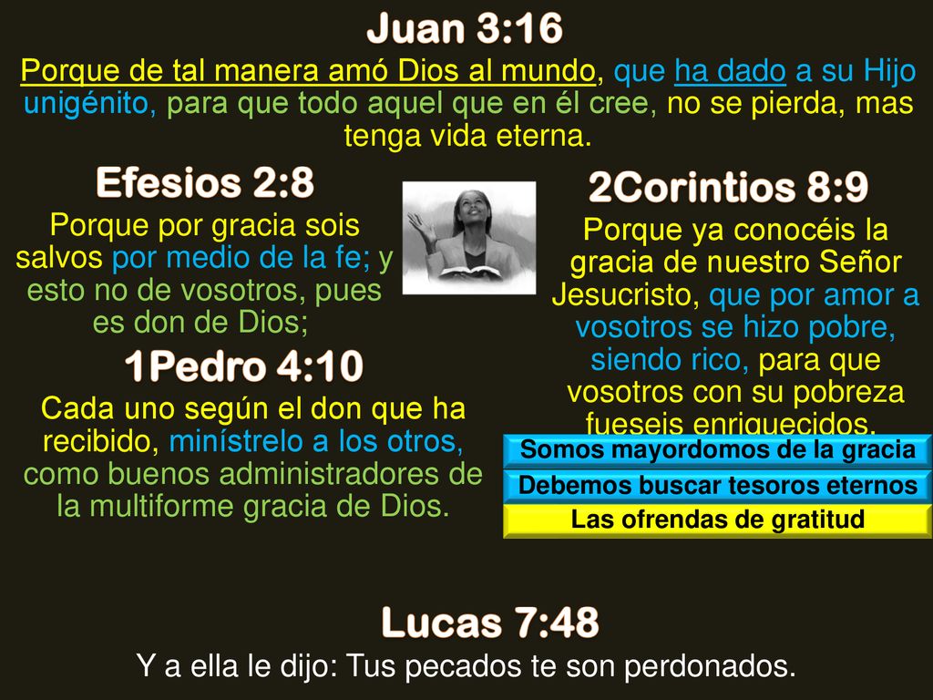 Juan 3:16 Efesios 2:8 2Corintios 8:9 1Pedro 4:10 Lucas 7:48