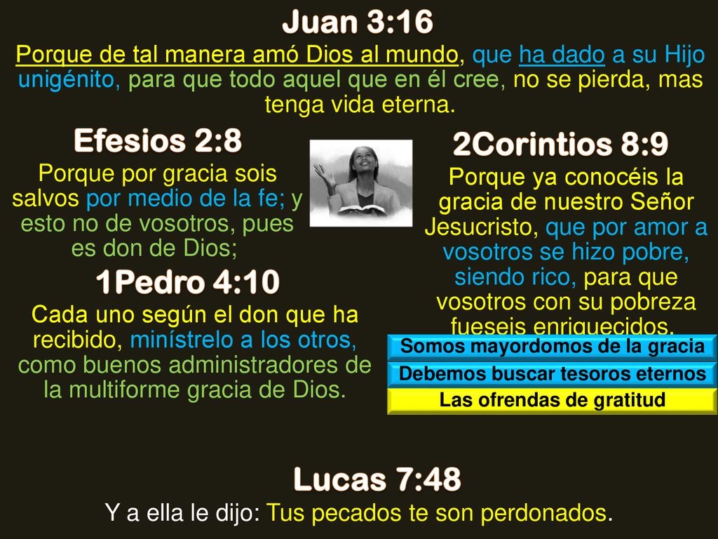 Juan 3:16 Efesios 2:8 2Corintios 8:9 1Pedro 4:10 Lucas 7:48