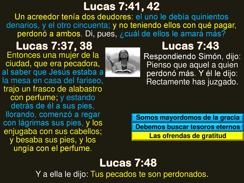 Lucas 7:41, 42 Lucas 7:37, 38 Lucas 7:43 Lucas 7:48