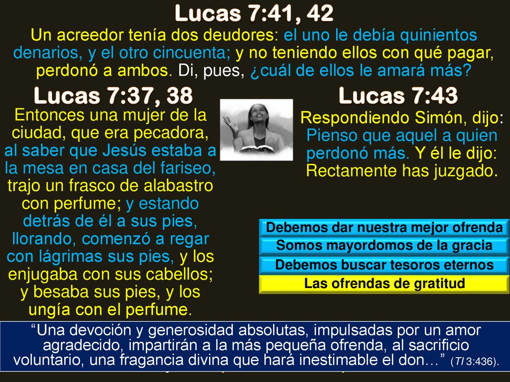 Lucas 7:41, 42 Lucas 7:37, 38 Lucas 7:43 Lucas 7:48