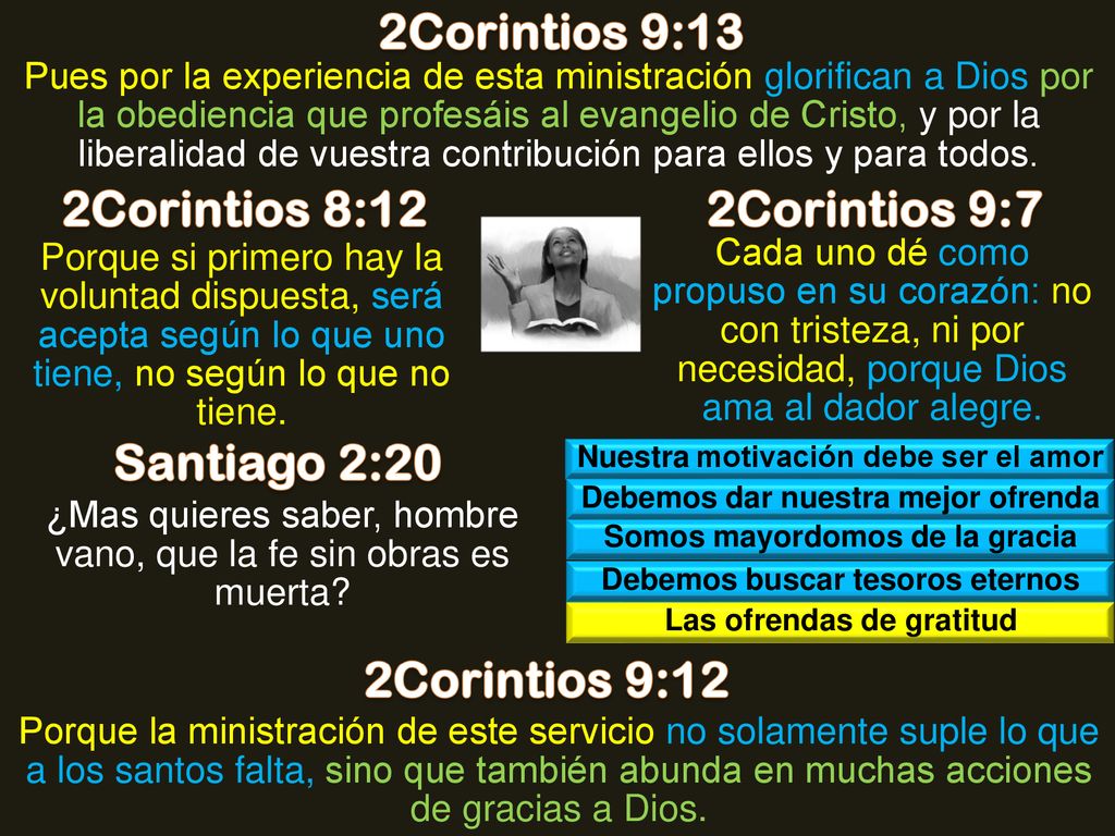 2Corintios 9:13 2Corintios 8:12 2Corintios 9:7 Santiago 2:20