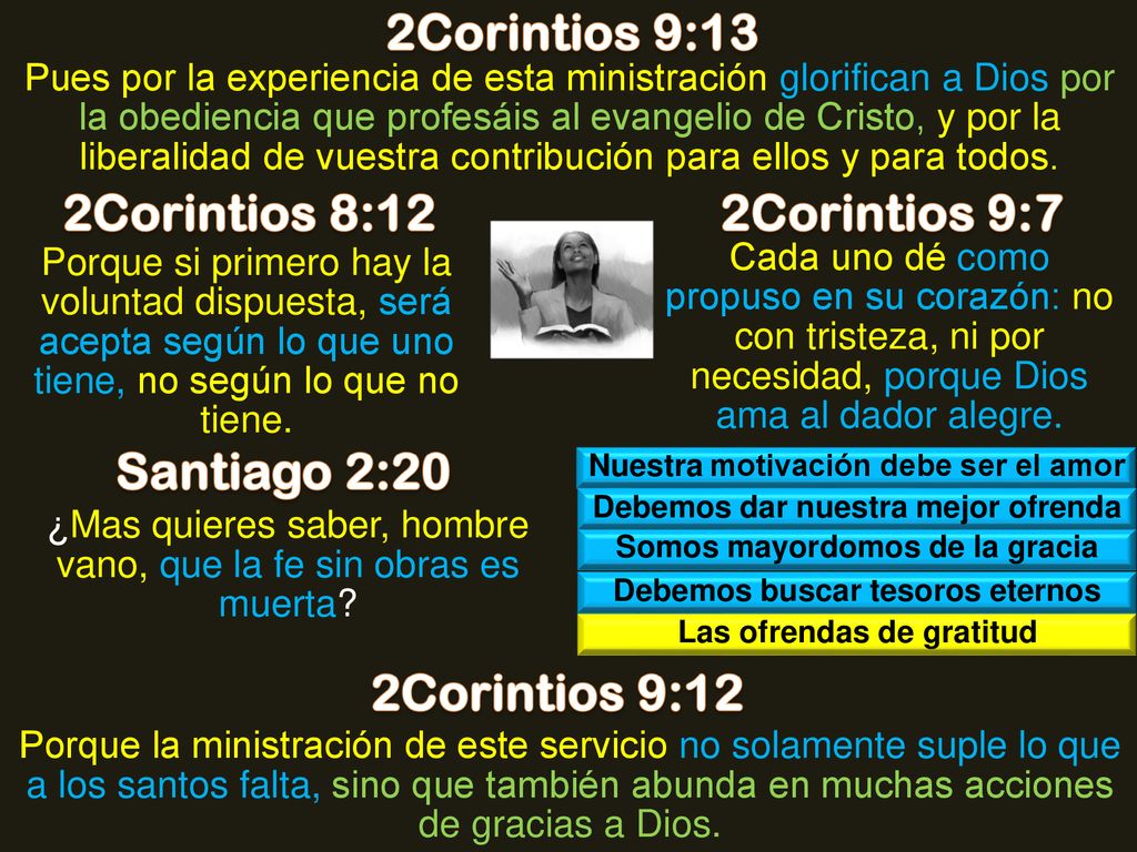 2Corintios 9:13 2Corintios 8:12 2Corintios 9:7 Santiago 2:20