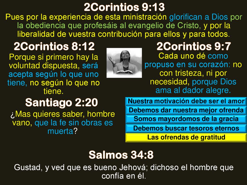 2Corintios 9:13 2Corintios 8:12 2Corintios 9:7 Santiago 2:20
