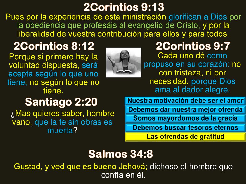 2Corintios 9:13 2Corintios 8:12 2Corintios 9:7 Santiago 2:20