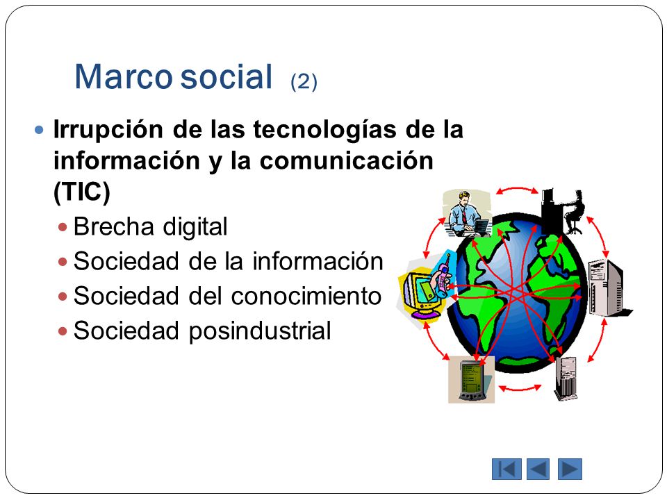 Marco social (2) Irrupción de las tecnologías de la información y la comunicación (TIC) Brecha digital.