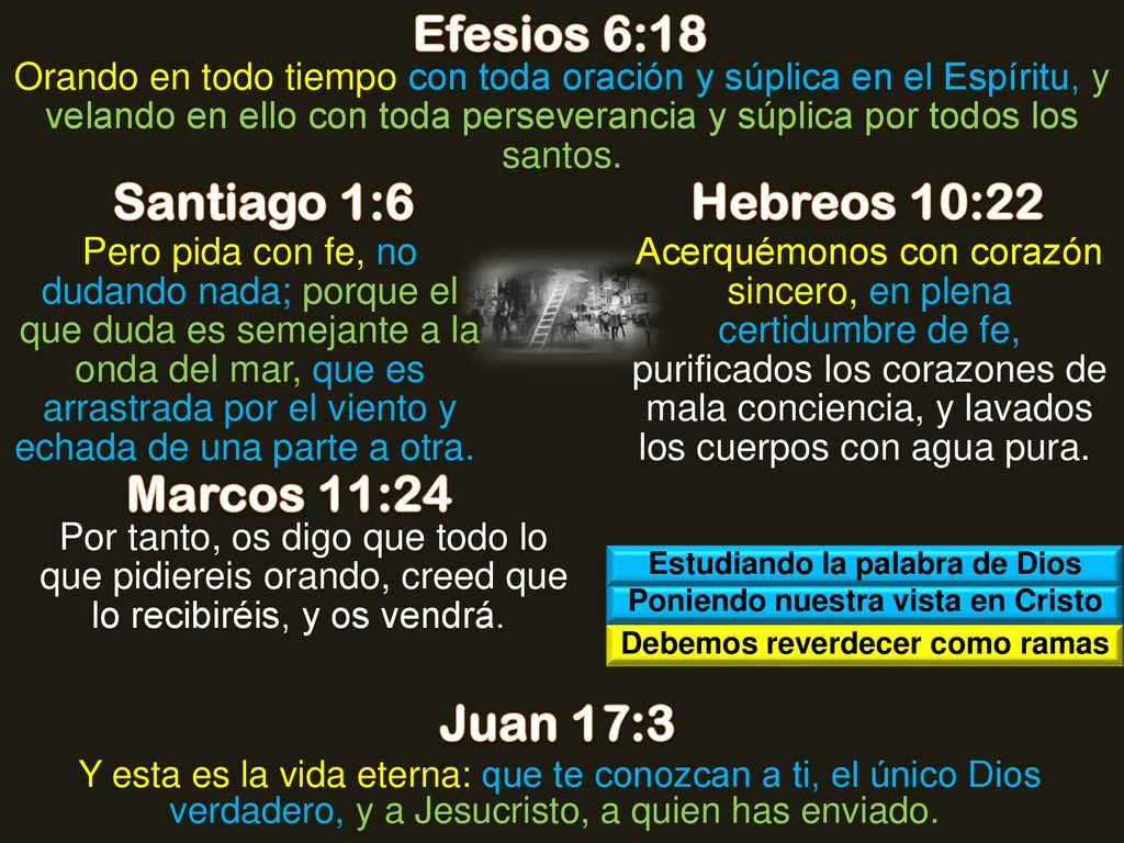 Efesios 6:18 Santiago 1:6 Hebreos 10:22 Marcos 11:24 Juan 17:3