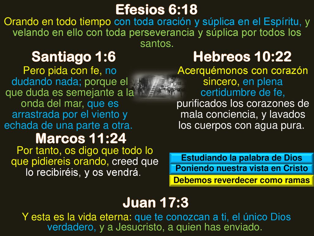 Efesios 6:18 Santiago 1:6 Hebreos 10:22 Marcos 11:24 Juan 17:3