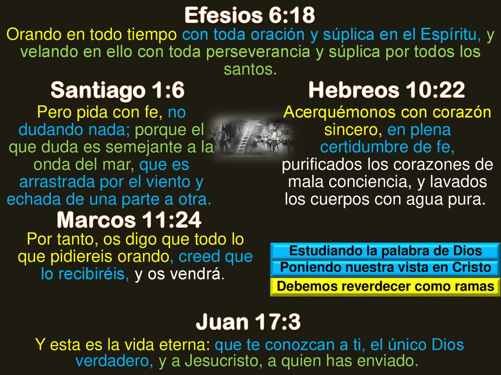 Efesios 6:18 Santiago 1:6 Hebreos 10:22 Marcos 11:24 Juan 17:3