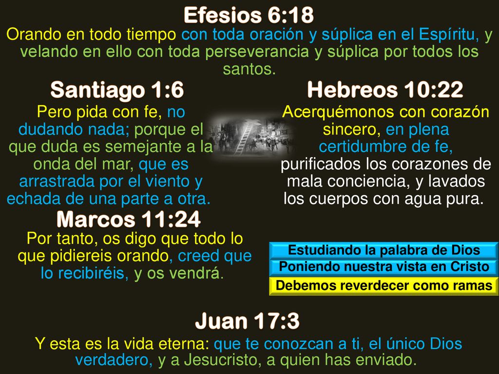 Efesios 6:18 Santiago 1:6 Hebreos 10:22 Marcos 11:24 Juan 17:3