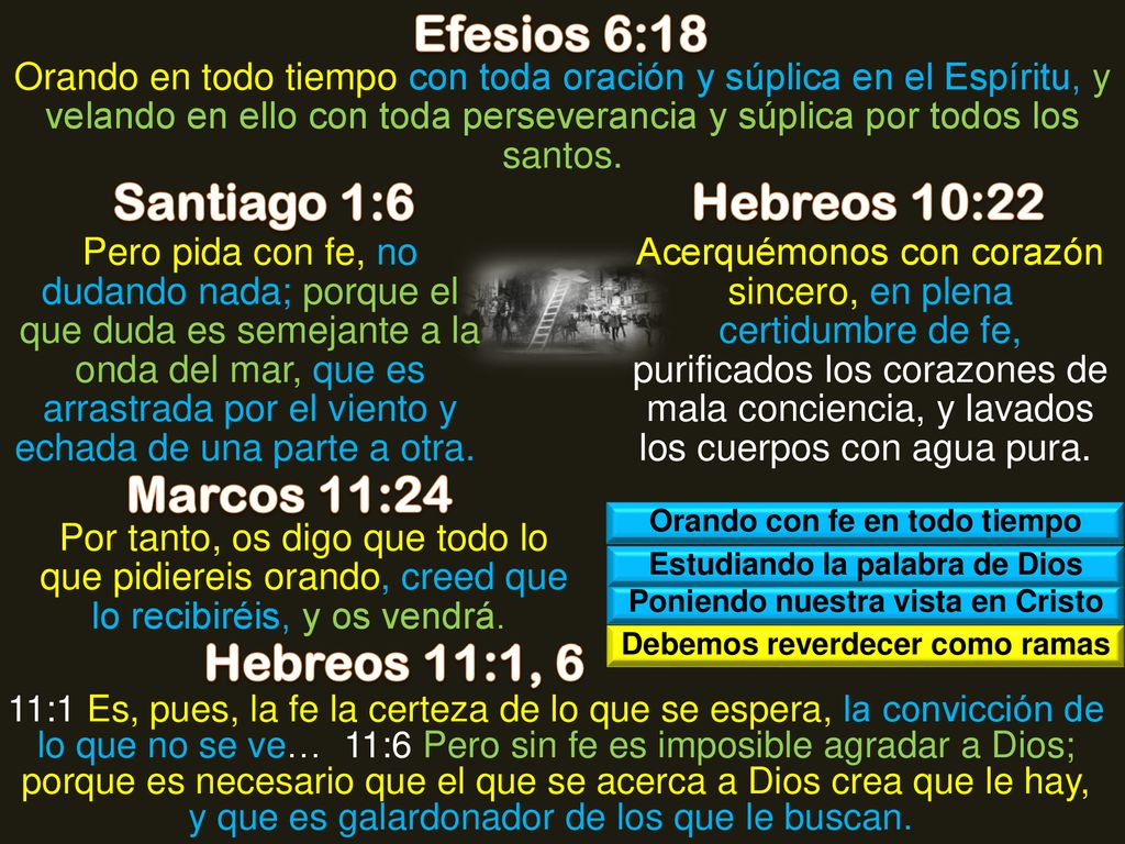 Efesios 6:18 Santiago 1:6 Hebreos 10:22 Marcos 11:24 Hebreos 11:1, 6