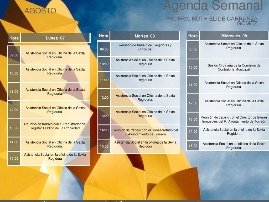 Agenda Semanal AGOSTO Cabildo Torreón PROFRA. RUTH ELIDÉ CARRANZA