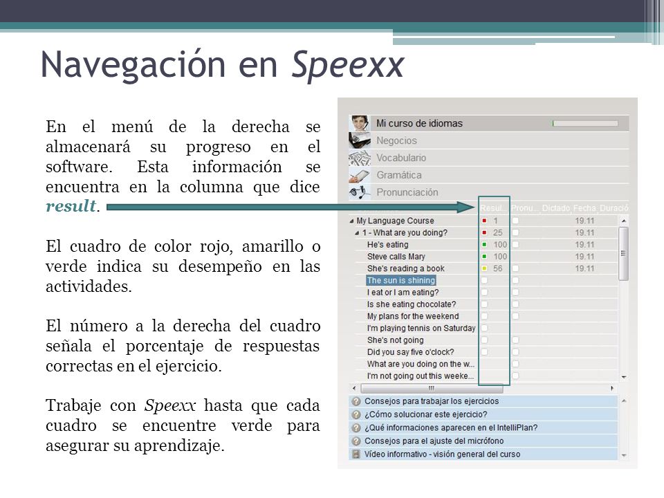 Navegación en Speexx En el menú de la derecha se almacenará su progreso en el software. Esta información se encuentra en la columna que dice result.