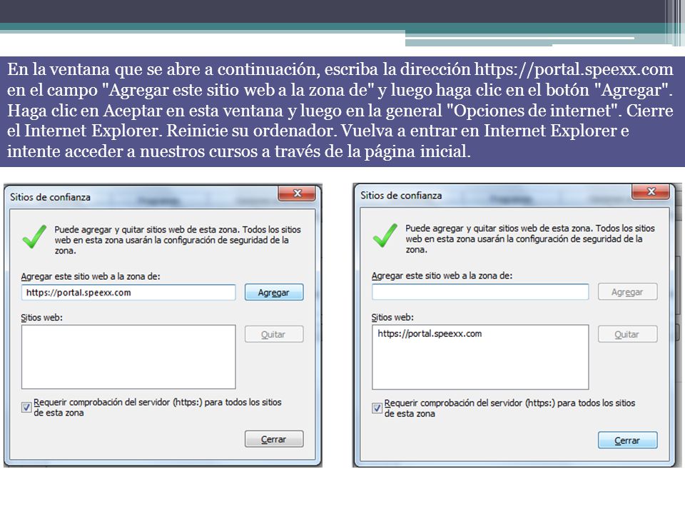En la ventana que se abre a continuación, escriba la dirección   en el campo Agregar este sitio web a la zona de y luego haga clic en el botón Agregar .