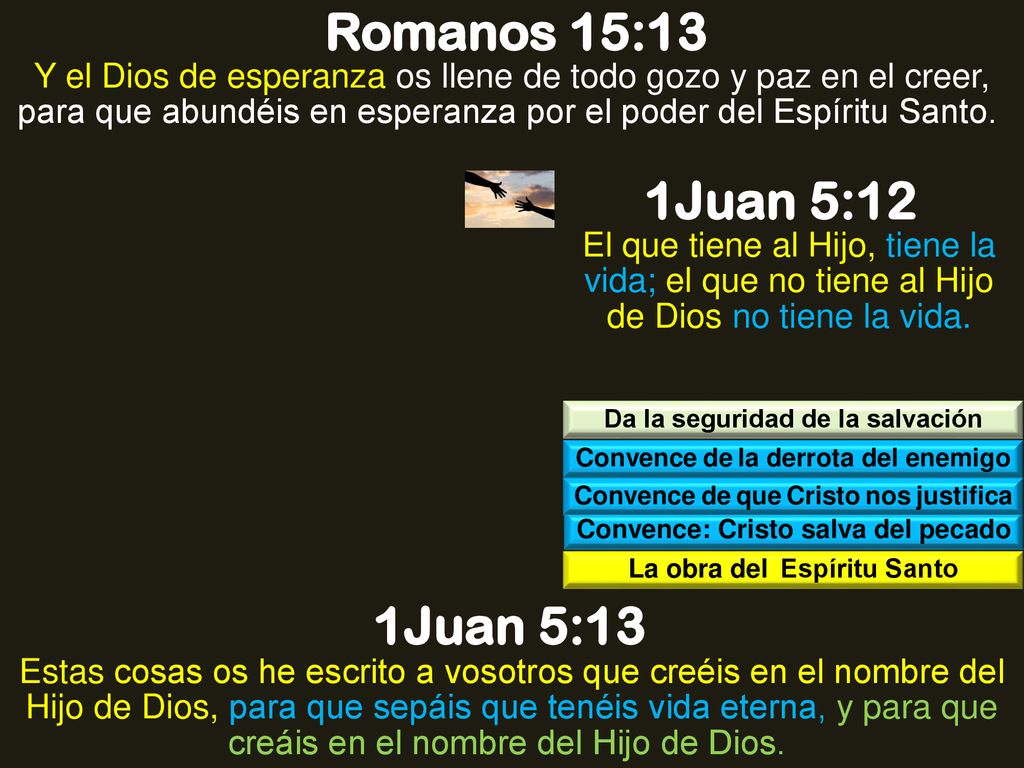 Romanos 15:13 Y el Dios de esperanza os llene de todo gozo y paz en el creer, para que abundéis en esperanza por el poder del Espíritu Santo.