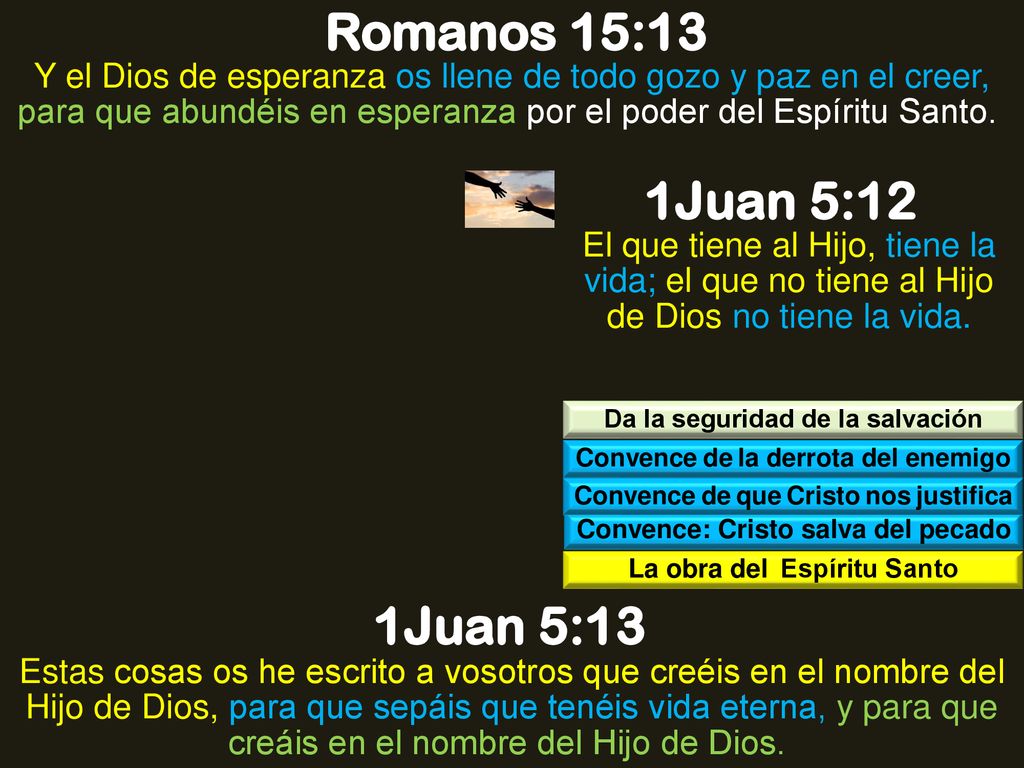 Romanos 15:13 Y el Dios de esperanza os llene de todo gozo y paz en el creer, para que abundéis en esperanza por el poder del Espíritu Santo.
