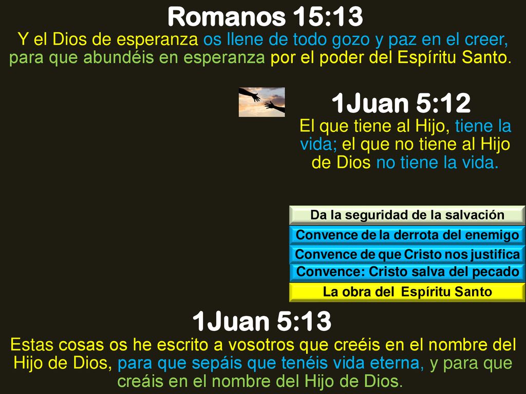 Romanos 15:13 Y el Dios de esperanza os llene de todo gozo y paz en el creer, para que abundéis en esperanza por el poder del Espíritu Santo.