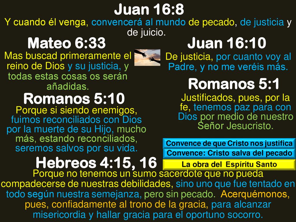 Juan 16:8 Mateo 6:33 Juan 16:10 Romanos 5:1 Romanos 5:10