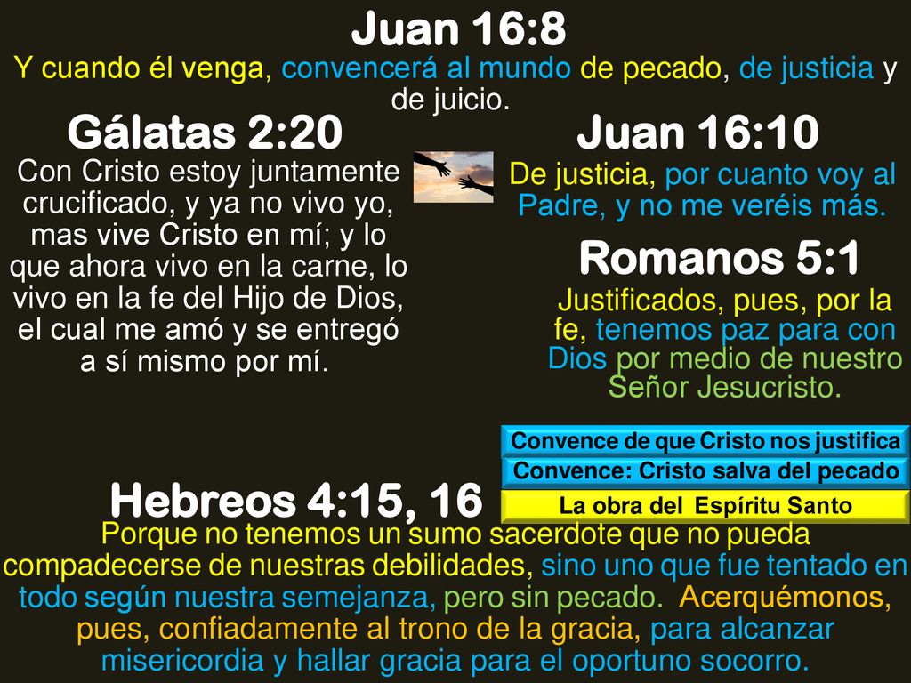 Juan 16:8 Gálatas 2:20 Juan 16:10 Romanos 5:1 Hebreos 4:15, 16