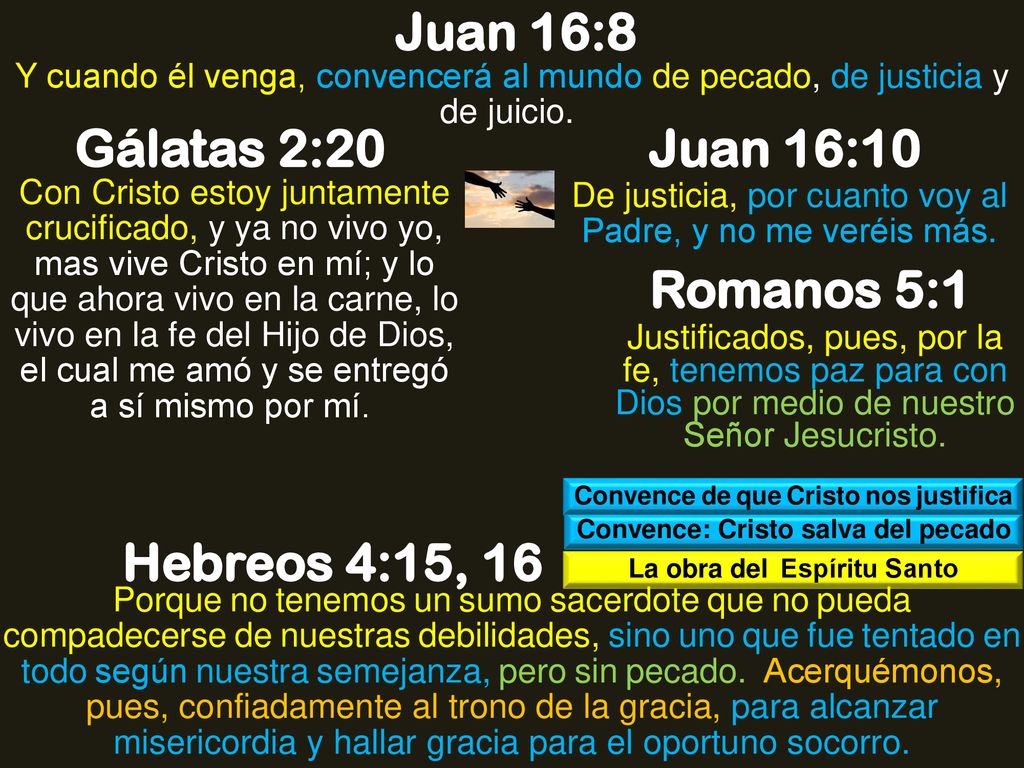 Juan 16:8 Gálatas 2:20 Juan 16:10 Romanos 5:1 Hebreos 4:15, 16