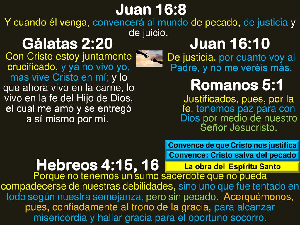 Juan 16:8 Gálatas 2:20 Juan 16:10 Romanos 5:1 Hebreos 4:15, 16