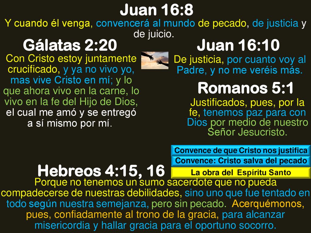 Juan 16:8 Gálatas 2:20 Juan 16:10 Romanos 5:1 Hebreos 4:15, 16