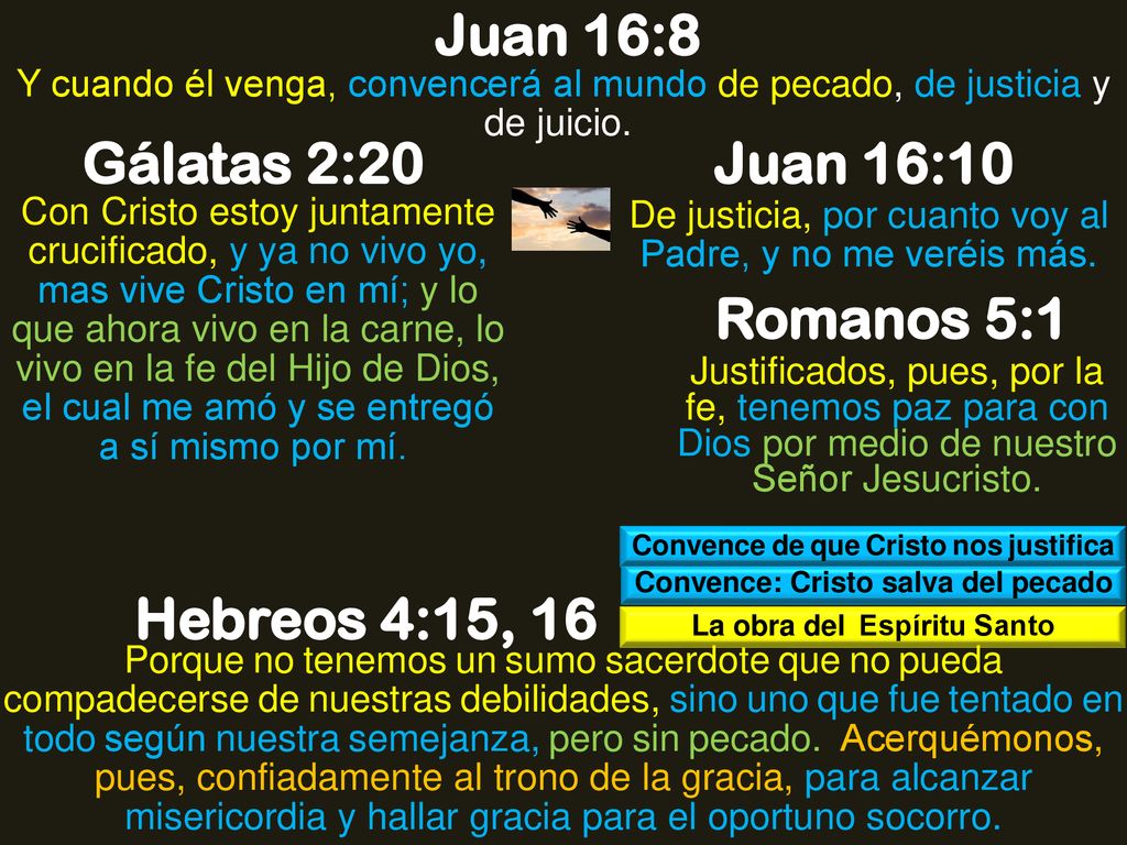 Juan 16:8 Gálatas 2:20 Juan 16:10 Romanos 5:1 Hebreos 4:15, 16