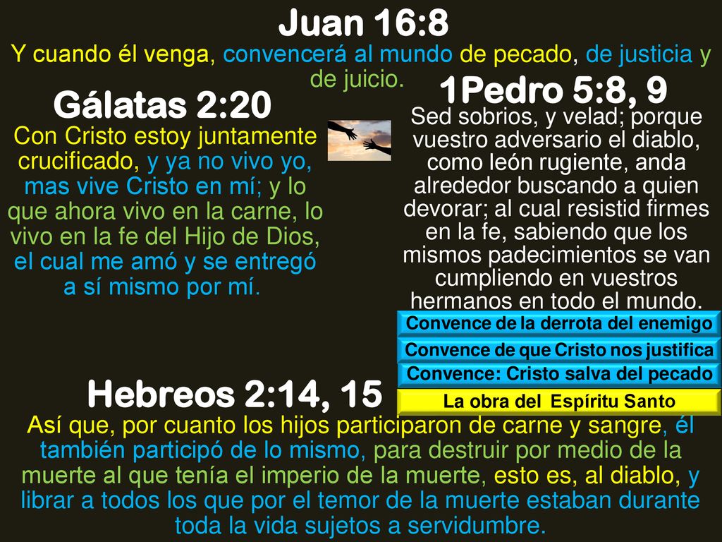 Juan 16:8 1Pedro 5:8, 9 Gálatas 2:20 Hebreos 2:14, 15