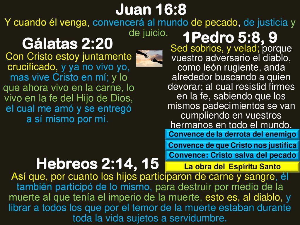 Juan 16:8 1Pedro 5:8, 9 Gálatas 2:20 Hebreos 2:14, 15