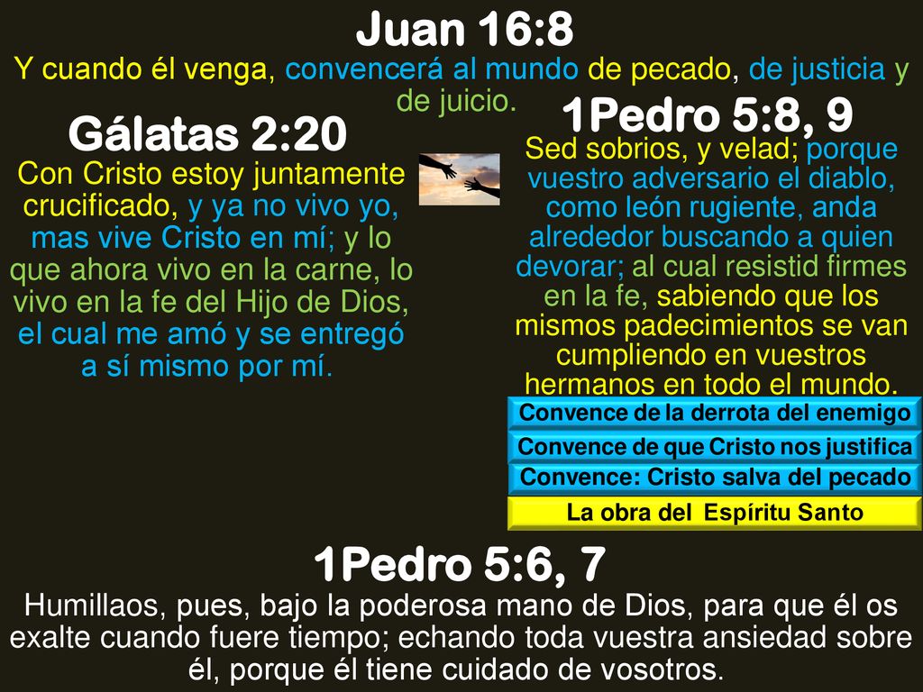 Juan 16:8 1Pedro 5:8, 9 Gálatas 2:20 1Pedro 5:6, 7