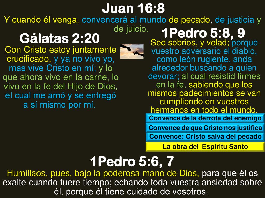 Juan 16:8 1Pedro 5:8, 9 Gálatas 2:20 1Pedro 5:6, 7