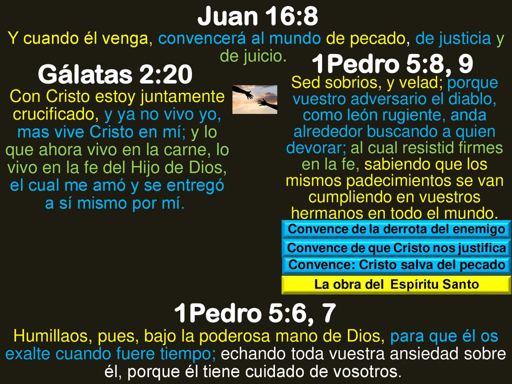 Juan 16:8 1Pedro 5:8, 9 Gálatas 2:20 1Pedro 5:6, 7