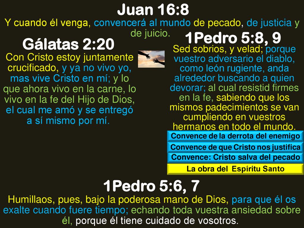 Juan 16:8 1Pedro 5:8, 9 Gálatas 2:20 1Pedro 5:6, 7