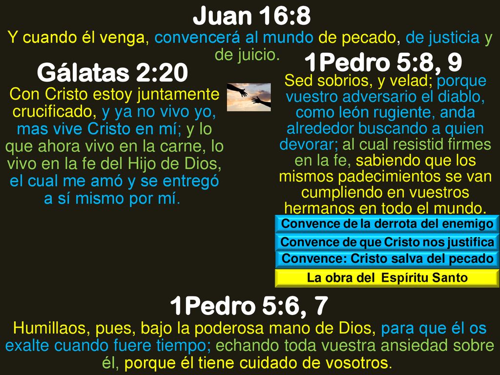 Juan 16:8 1Pedro 5:8, 9 Gálatas 2:20 1Pedro 5:6, 7