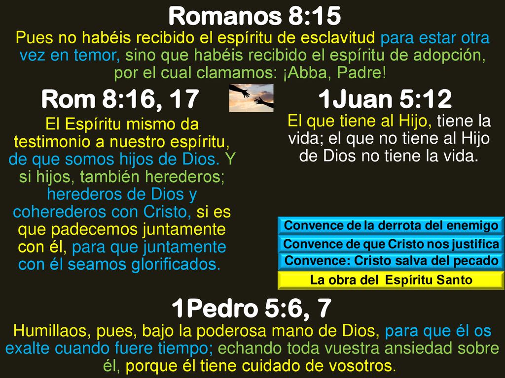 Romanos 8:15 Rom 8:16, 17 1Juan 5:12 1Pedro 5:6, 7