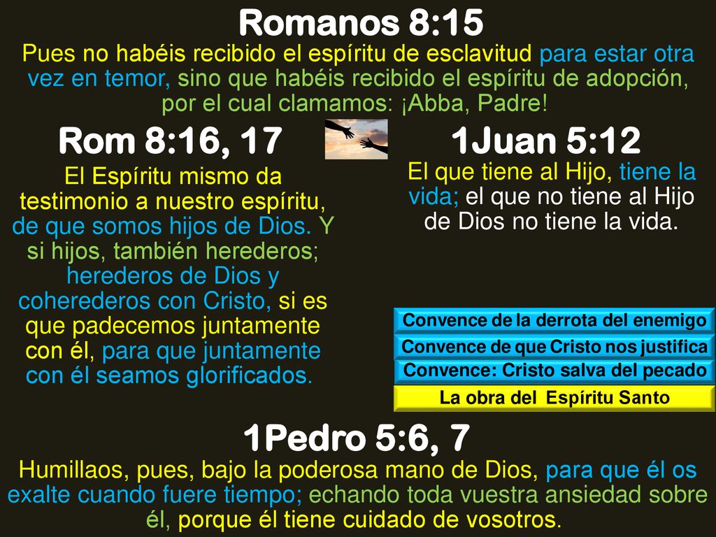 Romanos 8:15 Rom 8:16, 17 1Juan 5:12 1Pedro 5:6, 7