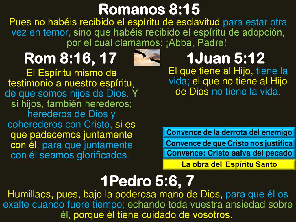 Romanos 8:15 Rom 8:16, 17 1Juan 5:12 1Pedro 5:6, 7