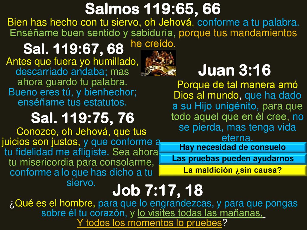 Salmos 119:65, 66 Juan 3:16 Job 7:17, 18 Sal. 119:75, 76