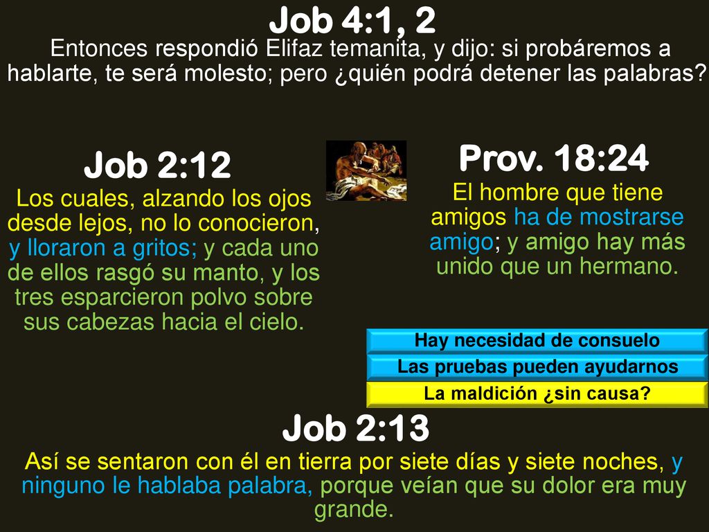 Job 4:1, 2 Entonces respondió Elifaz temanita, y dijo: si probáremos a hablarte, te será molesto; pero ¿quién podrá detener las palabras