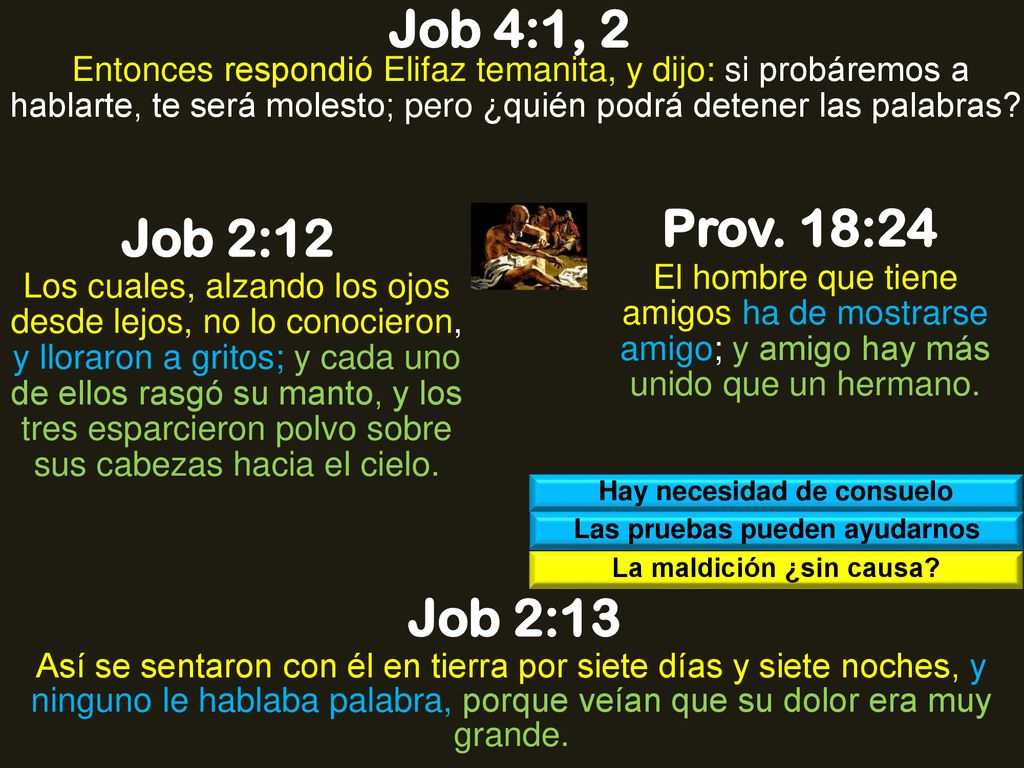 Job 4:1, 2 Entonces respondió Elifaz temanita, y dijo: si probáremos a hablarte, te será molesto; pero ¿quién podrá detener las palabras