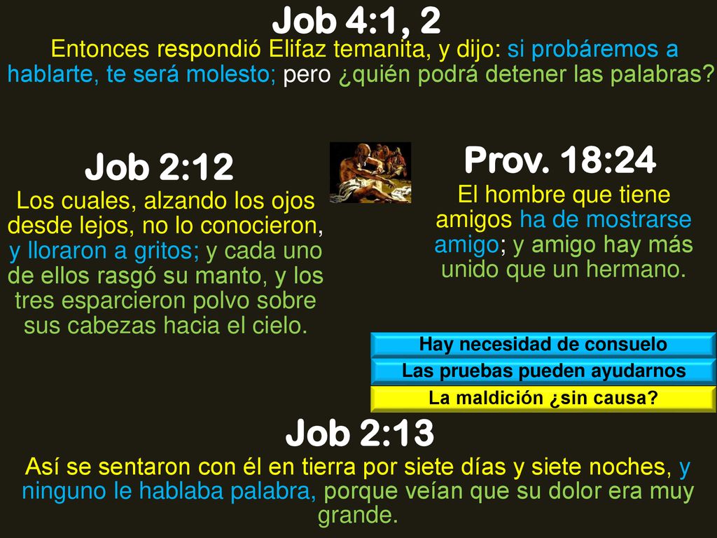 Job 4:1, 2 Entonces respondió Elifaz temanita, y dijo: si probáremos a hablarte, te será molesto; pero ¿quién podrá detener las palabras