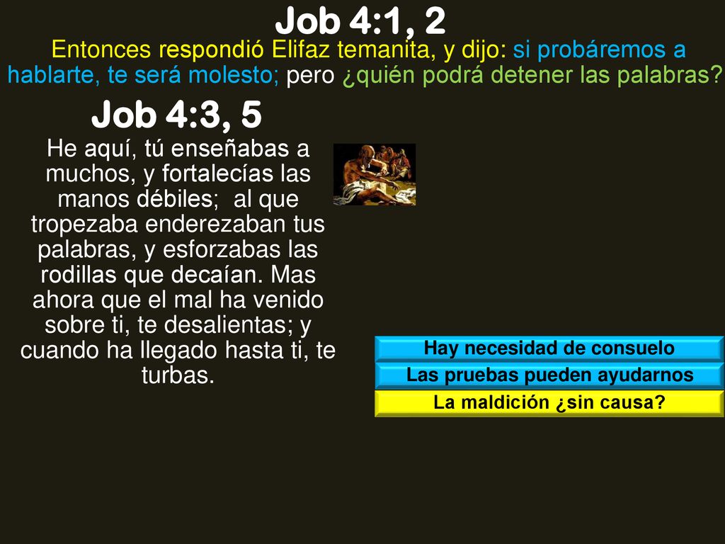 Job 4:1, 2 Entonces respondió Elifaz temanita, y dijo: si probáremos a hablarte, te será molesto; pero ¿quién podrá detener las palabras