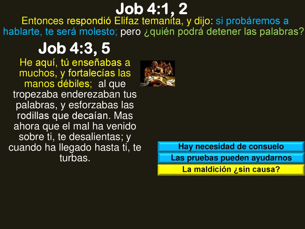 Job 4:1, 2 Entonces respondió Elifaz temanita, y dijo: si probáremos a hablarte, te será molesto; pero ¿quién podrá detener las palabras