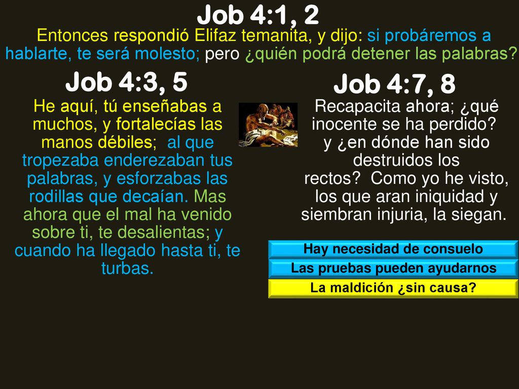 Job 4:1, 2 Entonces respondió Elifaz temanita, y dijo: si probáremos a hablarte, te será molesto; pero ¿quién podrá detener las palabras