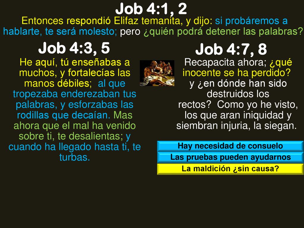 Job 4:1, 2 Entonces respondió Elifaz temanita, y dijo: si probáremos a hablarte, te será molesto; pero ¿quién podrá detener las palabras