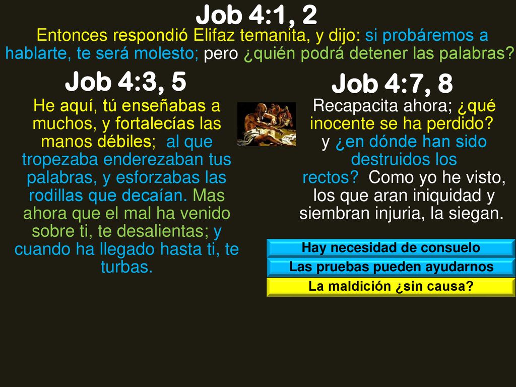 Job 4:1, 2 Entonces respondió Elifaz temanita, y dijo: si probáremos a hablarte, te será molesto; pero ¿quién podrá detener las palabras