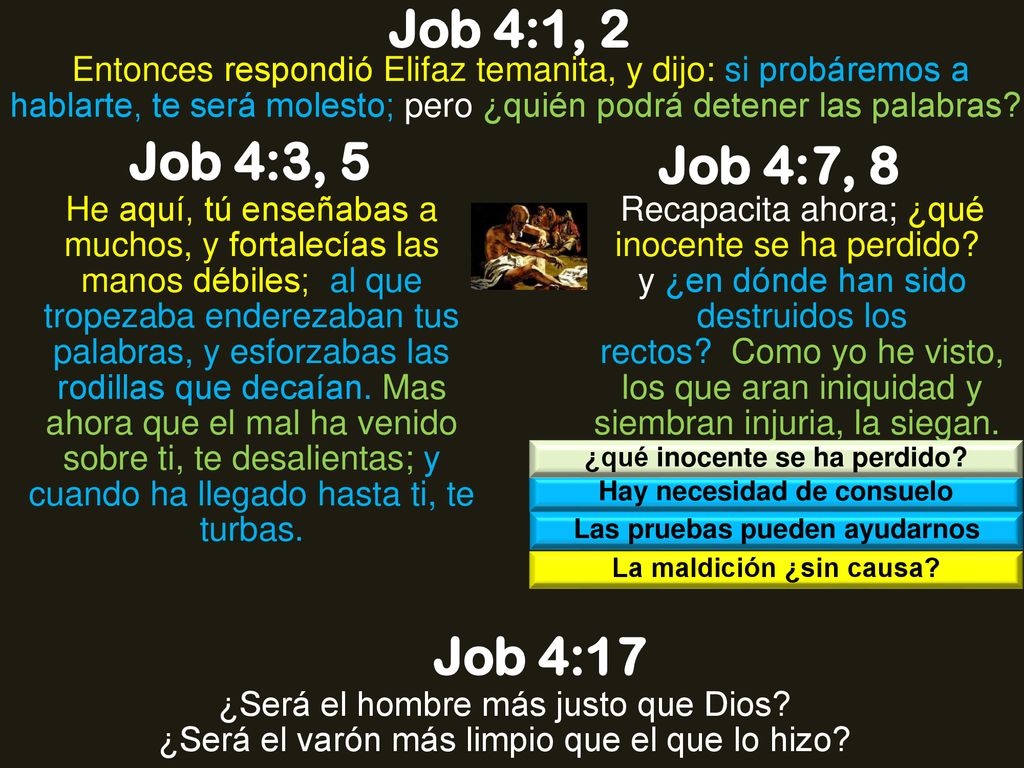 Job 4:1, 2 Entonces respondió Elifaz temanita, y dijo: si probáremos a hablarte, te será molesto; pero ¿quién podrá detener las palabras