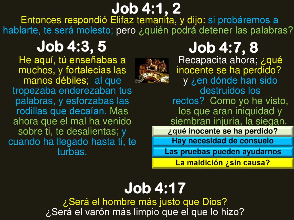Job 4:1, 2 Entonces respondió Elifaz temanita, y dijo: si probáremos a hablarte, te será molesto; pero ¿quién podrá detener las palabras