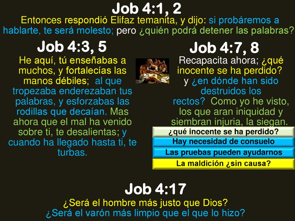 Job 4:1, 2 Entonces respondió Elifaz temanita, y dijo: si probáremos a hablarte, te será molesto; pero ¿quién podrá detener las palabras