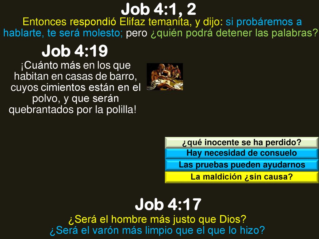 Job 4:1, 2 Entonces respondió Elifaz temanita, y dijo: si probáremos a hablarte, te será molesto; pero ¿quién podrá detener las palabras