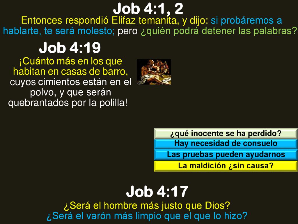 Job 4:1, 2 Entonces respondió Elifaz temanita, y dijo: si probáremos a hablarte, te será molesto; pero ¿quién podrá detener las palabras